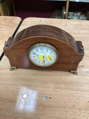 Lot 898 - Mahogany inlaid mantel clock, two silver plated trays, and an inlaid wooden tray