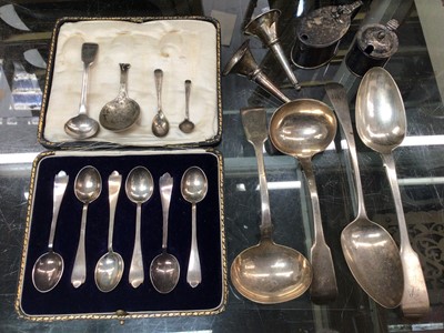 Lot 1067 - Set six silver teaspoons in fitted case, other silver spoons and two silver condiments