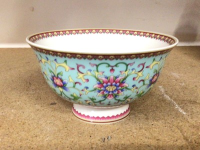 Lot 400 - Chinese polychrome porcelain bowl with six character marks to base, 13cm diameter, together with a broken Doucai bowl (2)