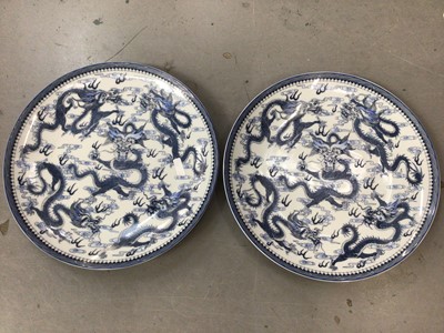 Lot 19 - Chinese blue and white vase with figure and calligraphy decoration, together with pair of Chinese blue and white dragon plates (3)