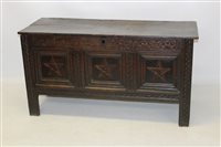 Lot 1150 - 17th century Carsved oak coffer, the broad...