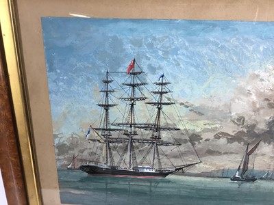 Lot 147 - 19th century English school watercolour on paper - vessels at sea, 28cm x 38cm, in maple frame, 56cm x 46cm overall