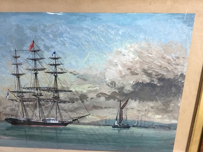 Lot 147 - 19th century English school watercolour on paper - vessels at sea, 28cm x 38cm, in maple frame, 56cm x 46cm overall
