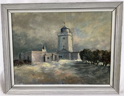 Lot 135 - Molly Lodge, contemporary oil on panel - two lighthouses, framed, 46.5cm x 36cm overall (2)