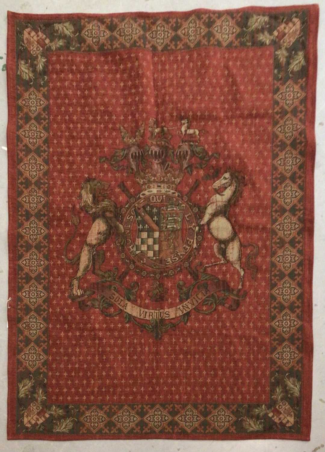 Lot 112 - Decorative armorial tapestry wall hanging with the Duke of Norfolk arms.
