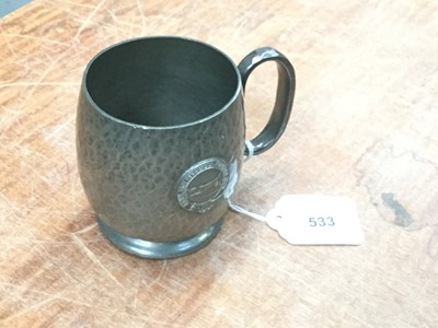 Lot 533 - Greyhound interest: planished pewter mug with badge "Ranelach Harriers Founded 1881"