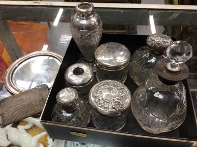 Lot 1118 - Group of silver topped glass scent bottles/jars, silver framed mirror and wallet