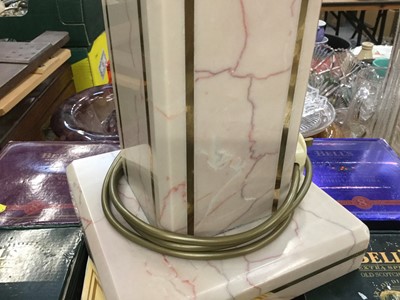 Lot 466 - Contemporary marble table lamp with inlaid brass decoration, 47cm in height