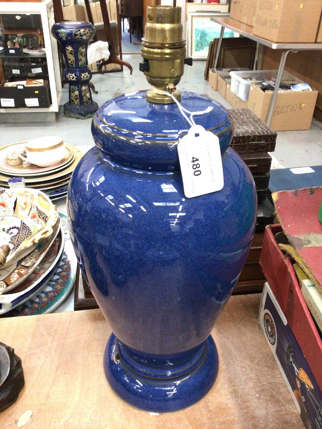 Lot 480 - Denby pottery blue glazed table lamp, 40cm in height.