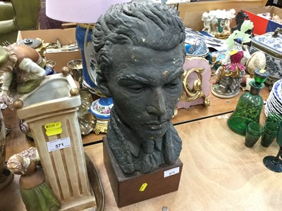 Lot 573 - Plaster bust of a man, mounted on wooden base, 43cm high