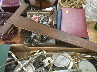 Lot 490 - Group of metalware, a work lamp, cutlery canteen and treen items.