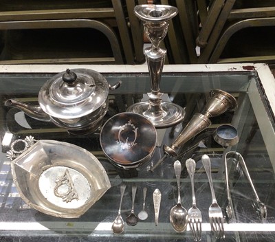 Lot 1059 - Group silver items to include teapot, dish, pair candlesticks, tortoiseshell jewellery box and cutlery