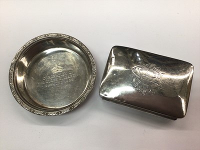 Lot 1060 - Silver commemorative dish for the Coronation of Queen Elizabeth II June 1953 and Edwardian silver soap box with engraved monogram