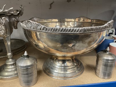 Lot 235 - Large silver plated punch bowl, silver plated 'top hat' ice bucket, two dummy magnum bottles of Cristal champagne, and plated items.