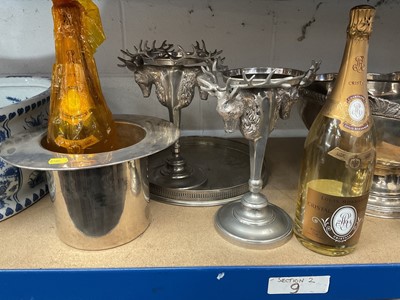Lot 235 - Large silver plated punch bowl, silver plated 'top hat' ice bucket, two dummy magnum bottles of Cristal champagne, and plated items.