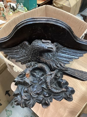 Lot 899 - Sundry items, including salt glazed stoneware, enamel ware, carved eagle wall bracket, ceramic jelly moulds, etc