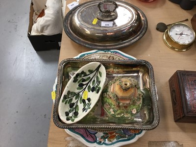 Lot 652 - Silver plated oval entree dish, Staffordshire pastel burner and other items.