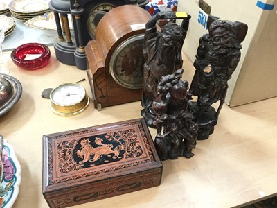 Lot 502 - Three Chinese and Japanese wood carvings together with a lacquered box