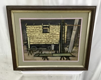 Lot 96 - Douglas Pittuck (1911-1993), mixed media on paper, Workshop interior, signed and dated 1956, 36 x 49cm, glazed frame