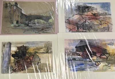 Lot 101 - Douglas Pittuck (1911-1993), watercolour - Breakdown Yard, with studio stamp, 32 x 49cm, card mount, together with six further works on paper