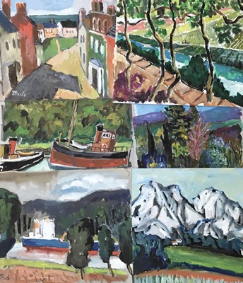 Lot 81 - *John Hanbury Pawle (1915-2010) gouache works on paper - some signed, to include landscapes of 'The Tua' river, Portugal, and 'Le Fournil Restaurant, Mougins', all approx 53cm x 43cm, unframed