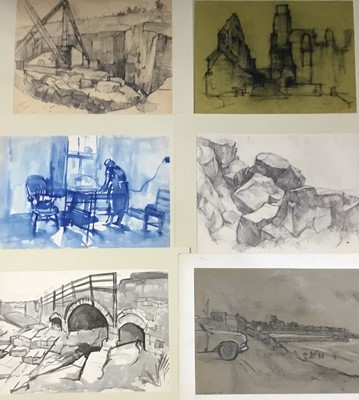 Lot 102 - Douglas Pittuck (1911-1993) mixed media on paper, Hartlepool, signed and dated 1972 35 x 55cm, mounted, together with a further seven works on paper similarly presented