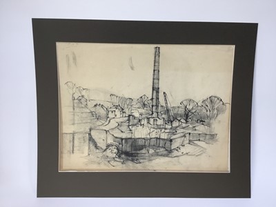 Lot 108 - Douglas Pittuck (1911-1993) mixed media on paper, Foundry Yard, signed and with studio stamp, 33 x 55cm, mounted, together with further six works on paper similarly presented