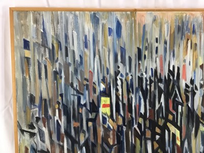 Lot 111 - Douglas Pittuck (1911-1993) oil on canvas, abstract - 'Independence of a former Soviet Country, signed and dated 1990, titled to exhibition label verso, 77 x 100cm, framed, together with a large oi...