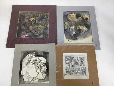 Lot 116 - Douglas Pittuck (1911-1993) mixed media on paper, Alien figure, with studio stamp, 23 x 23cm, mounted, together with further six works on paper similarly presented