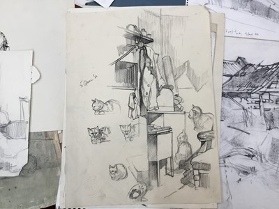 Lot 1333 - Douglas Pittuck (1911-1993) large collection of works on paper, various mediums and subjects to include portraits, interiors and others, approximately 140