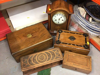 Lot 412 - Wooden writing slope, other wooden boxes, two pairs of binoculars and a mantle clock