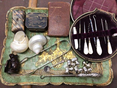 Lot 414 - Pair silver sugar tongs, silver handled button hook, pair of shell salts, manicure set, wooden netsuke in the form of a rat, Japanese inlaid metal box and other items