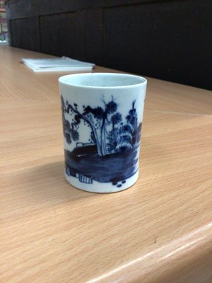 Lot 212 - A Longton Hall blue and white coffee can, circa 1760, painted with a fisherman on an Oriental island, 6.25cm high