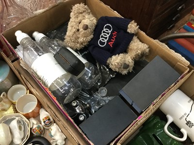 Lot 517 - Three boxes of automobilia to include Audi related items, Crested Ware, Sunbeam Motor Club trophies and other items.