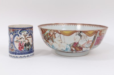 Lot 214 - An 18th century Chinese famille rose porcelain bowl, decorated with figures in the Mandarin style, 26cm diameter, with a similar tankard (2)
