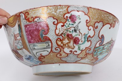 Lot 214 - An 18th century Chinese famille rose porcelain bowl, decorated with figures in the Mandarin style, 26cm diameter, with a similar tankard (2)