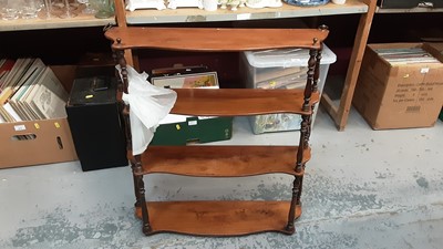 Lot 1416 - Small mahogany four tier shelf with turned supports, 64.5cm wide, 16.5cm deep, 73.5cm high