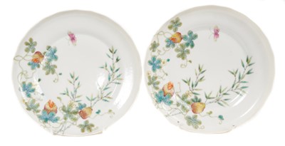 Lot 322 - A fine pair of Chinese porcelain dishes, of ogee form, polychrome decorated with fruit and insects, Daoguang marks, possibly of the period