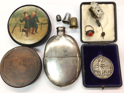 Lot 432 - Silver plated spirit flask, two papier-mâché snuff boxes, medallion in fitted case and other items