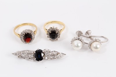 Lot 753 - Group of jewellery to include a sapphire and diamond brooch, sapphire and diamond cluster ring, garnet and diamond cluster ring and a pair of cultured pearl and diamond earrings