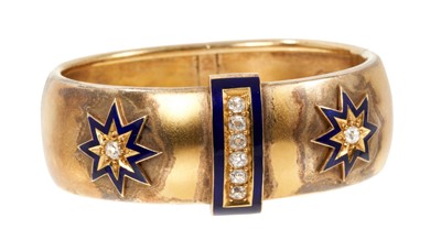 Lot 754 - Victorian gold diamond and enamel hinged bangle