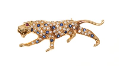 Lot 756 - 18ct gold diamond and sapphire Panther brooch