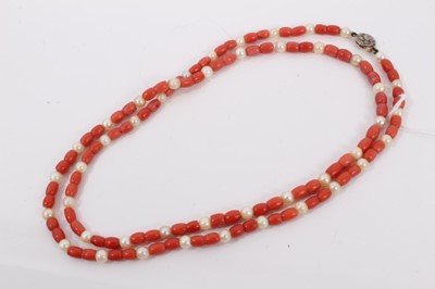 Lot 784 - Antique coral and cultured pearl necklace, the clasp set with rose cut diamonds