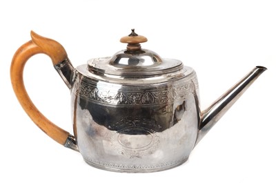 Lot 428 - George III silver teapot of oval form, with bright cut foliate decoration, straight tapering spout, hinged domed cover and fruitwood loop handle (London 1799) Crispin Fuller. All at approximately 1...