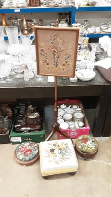 Lot 1422 - Antique mahogany framed needlework polescreen together with three tapestry footstools (4)