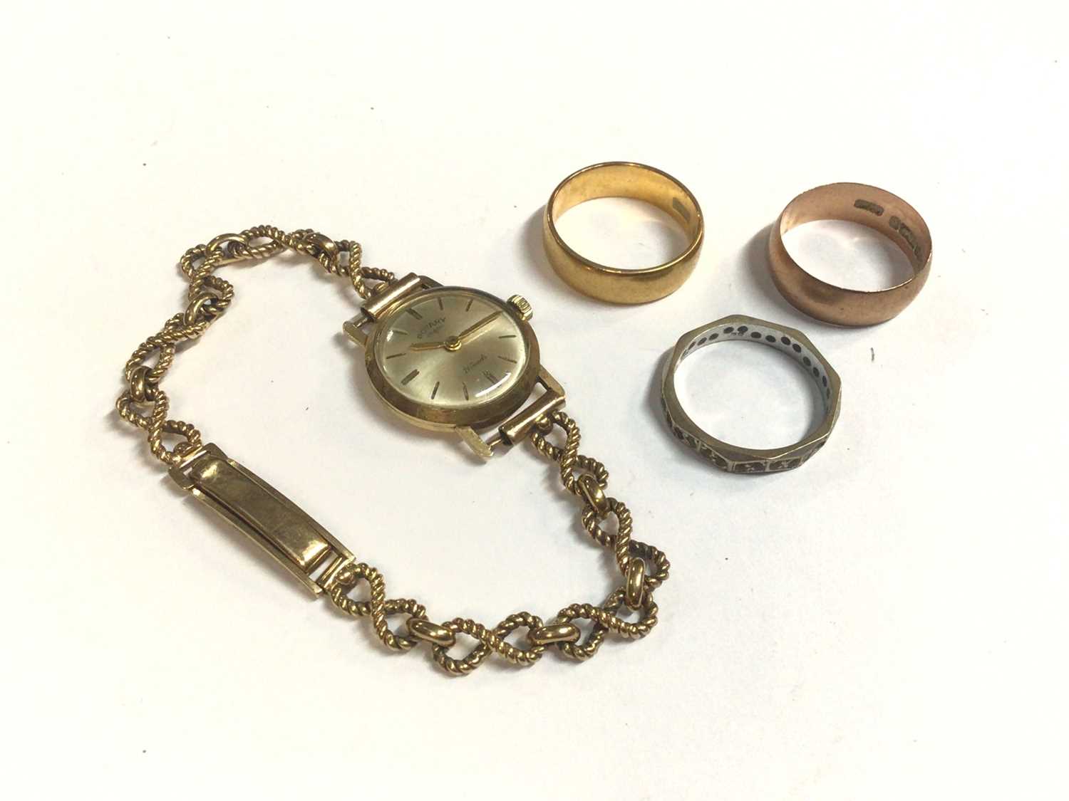 Lot 48 - 22ct gold wedding ring, 9ct rose gold wedding ring, 18ct white gold eternity ring and 9ct gold wristwatch