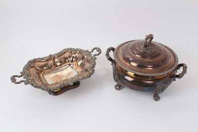 Lot 429 - Victorian silver plated soup tureen of cauldron form, with gadrooned border, twin foliate handles and domed cover with foliate handle, on three foliate mounted feet (Unmarked), together with a Vict...