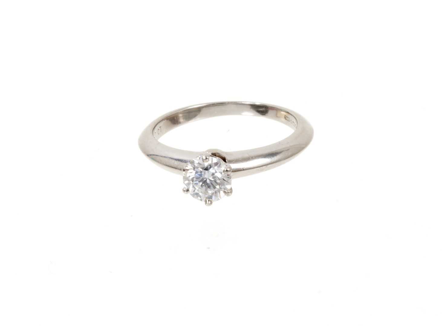 Lot 641 - Tiffany & Co. Diamond single stone ring 0.57cts, D colour, VVS2, boxed with certificate.