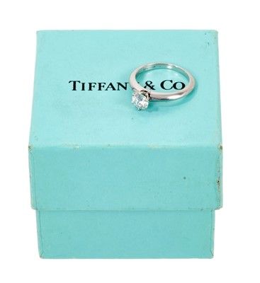 Lot 641 - Tiffany & Co. Diamond single stone ring 0.57cts, D colour, VVS2, boxed with certificate.