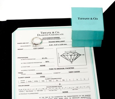 Lot 641 - Tiffany & Co. Diamond single stone ring 0.57cts, D colour, VVS2, boxed with certificate.